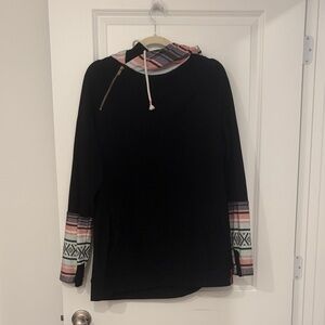 AMPERSAND AVE Black Hoodie with Pink and teal Accents